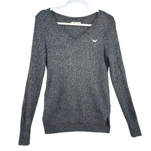 Hollister Womens V-Neck Sweater Charcoal Gray Marl Knit Logo Long Sleeve Size M